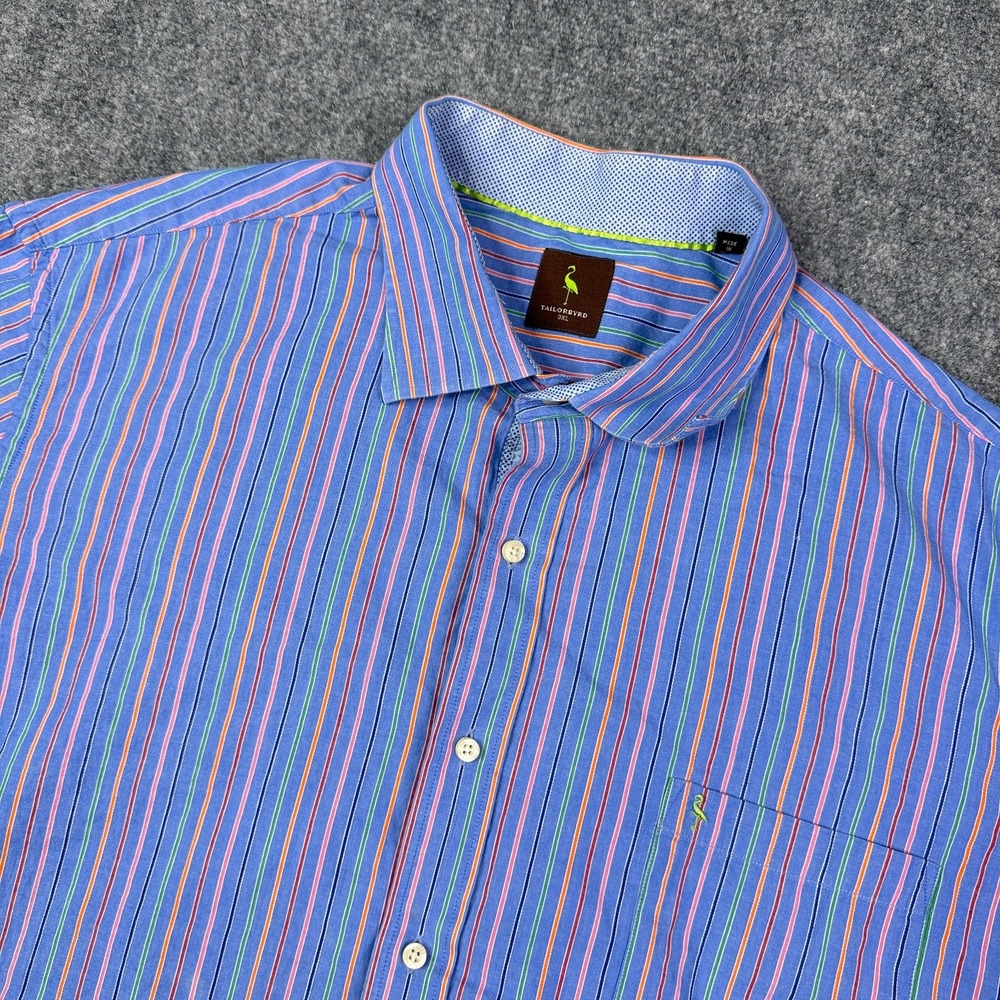 TAILORBYRD Mens Button Up Shirt 3XL Blue Striped Short Sleeve Cotton Preppy